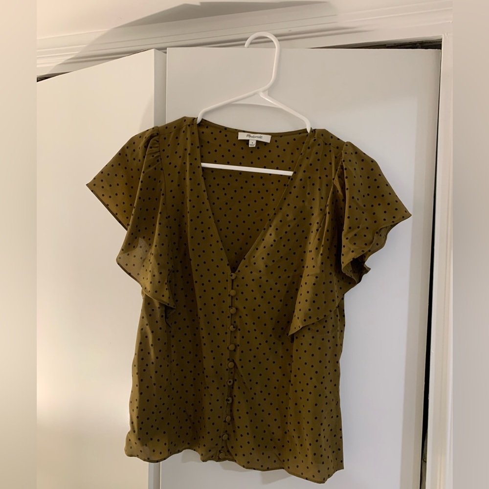 Madewell beige blouse with black polka dots